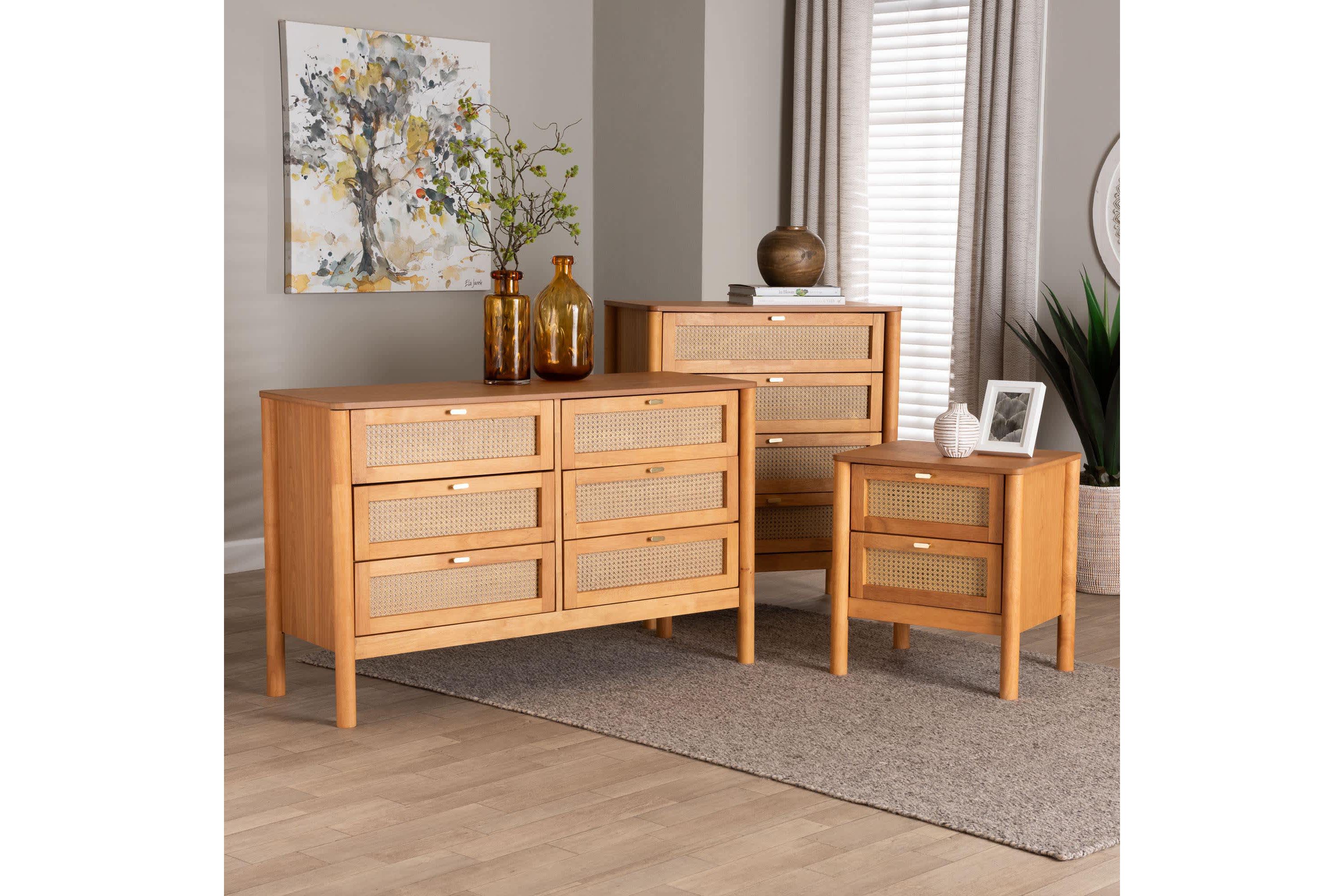 Jenn Golden Brown Wood 3-Piece Storage Set with Distressed-Rattan