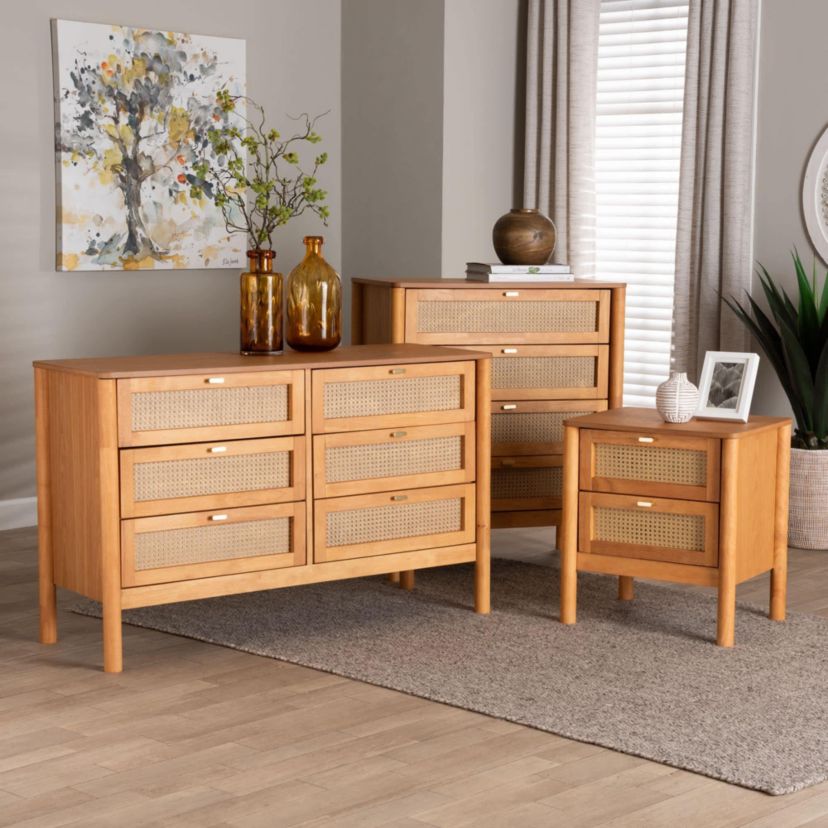 Jenn Golden Brown Wood 3-Piece Storage Set with Distressed-Rattan