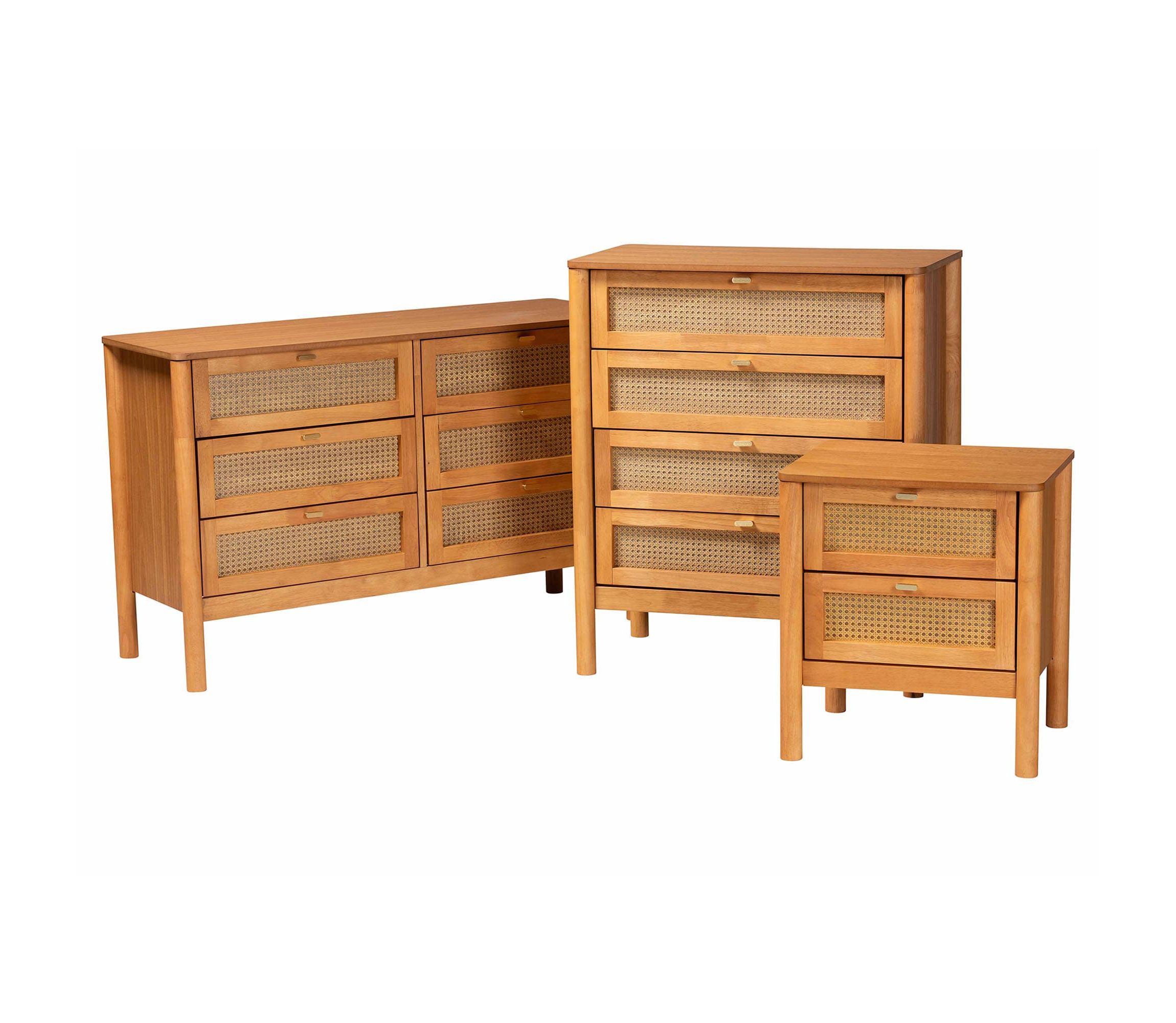 Jenn Golden Brown Wood 3-Piece Storage Set with Distressed-Rattan