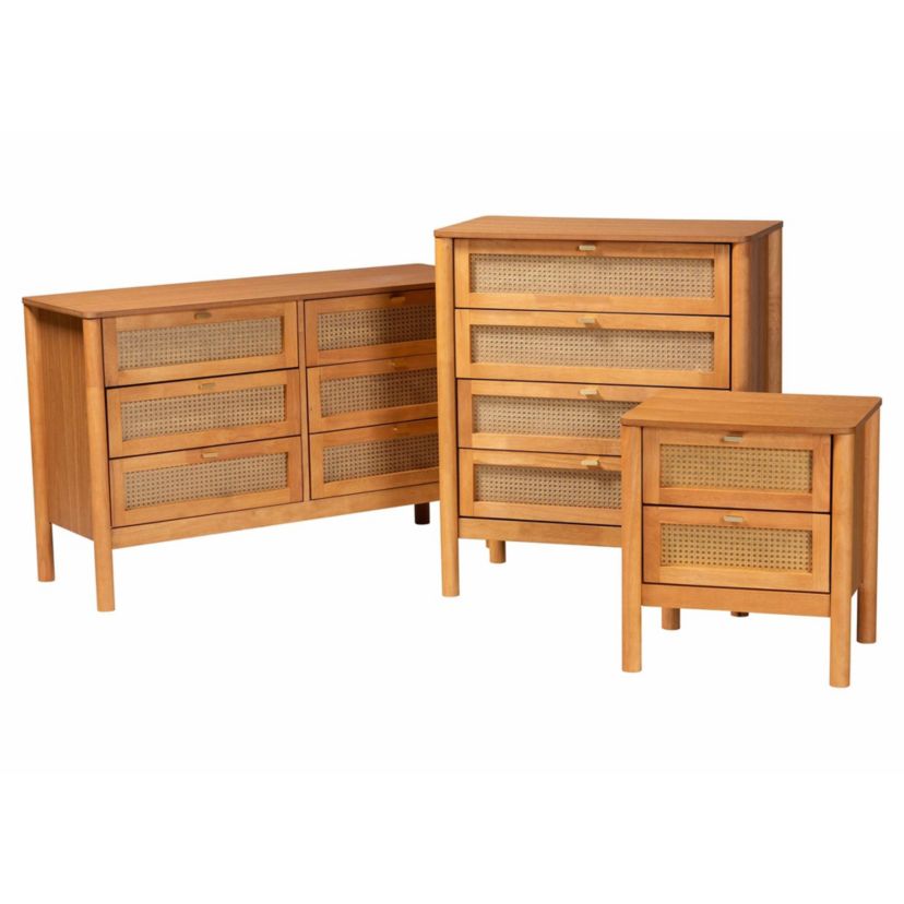 Jenn Golden Brown Wood 3-Piece Storage Set with Distressed-Rattan