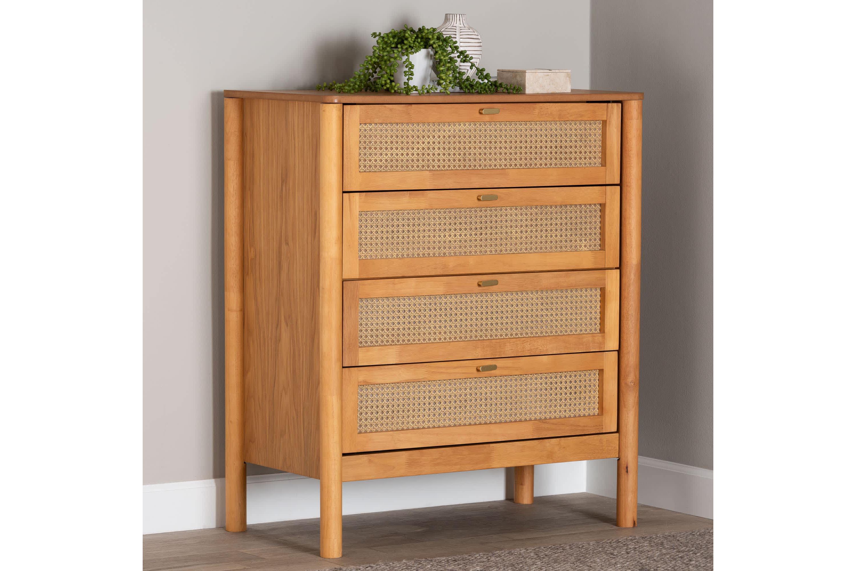 Jenn Golden Brown Wood 4-Drawer Chest with Distressed-Rattan