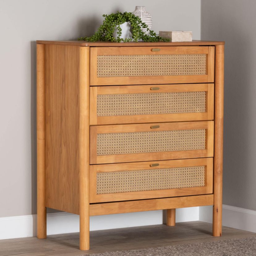 Jenn Golden Brown Wood 4-Drawer Chest with Distressed-Rattan