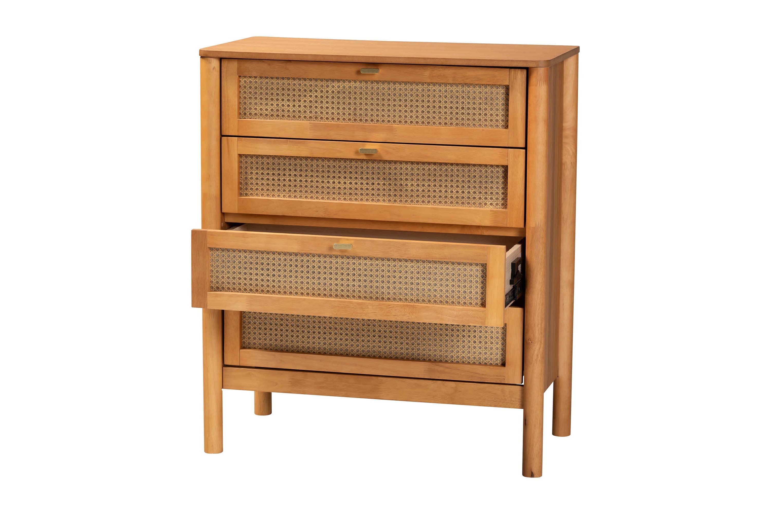 Jenn Golden Brown Wood 4-Drawer Chest with Distressed-Rattan
