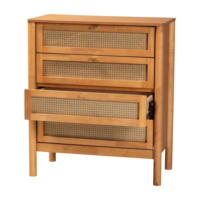 Jenn Golden Brown Wood 4-Drawer Chest with Distressed-Rattan