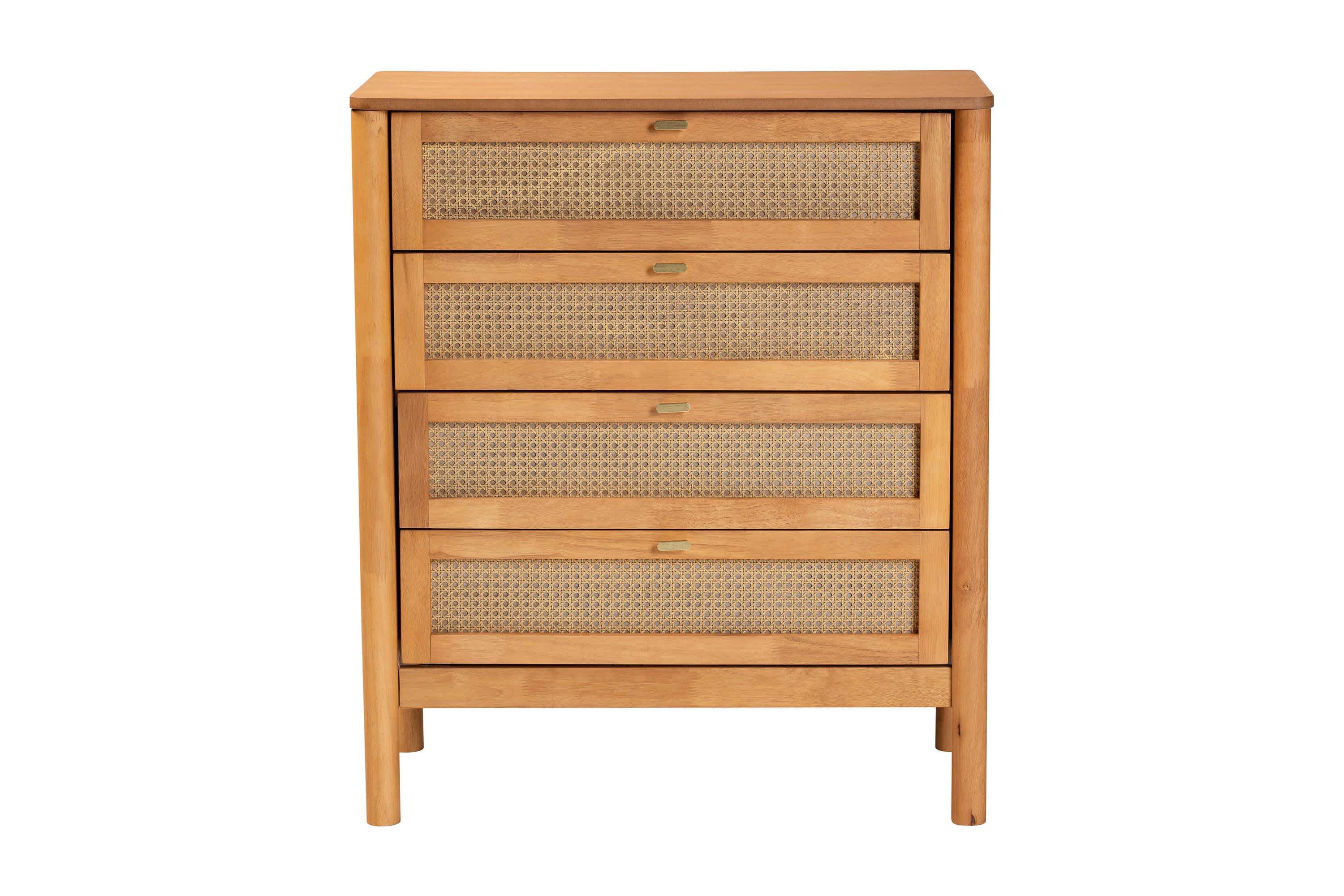 Jenn Golden Brown Wood 4-Drawer Chest with Distressed-Rattan