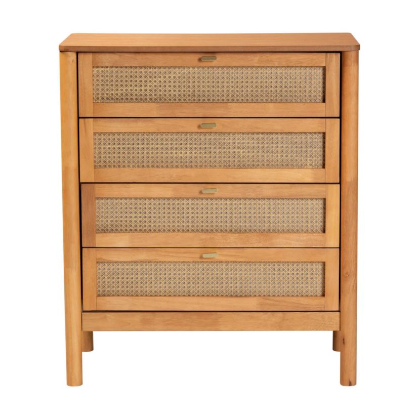 Jenn Golden Brown Wood 4-Drawer Chest with Distressed-Rattan