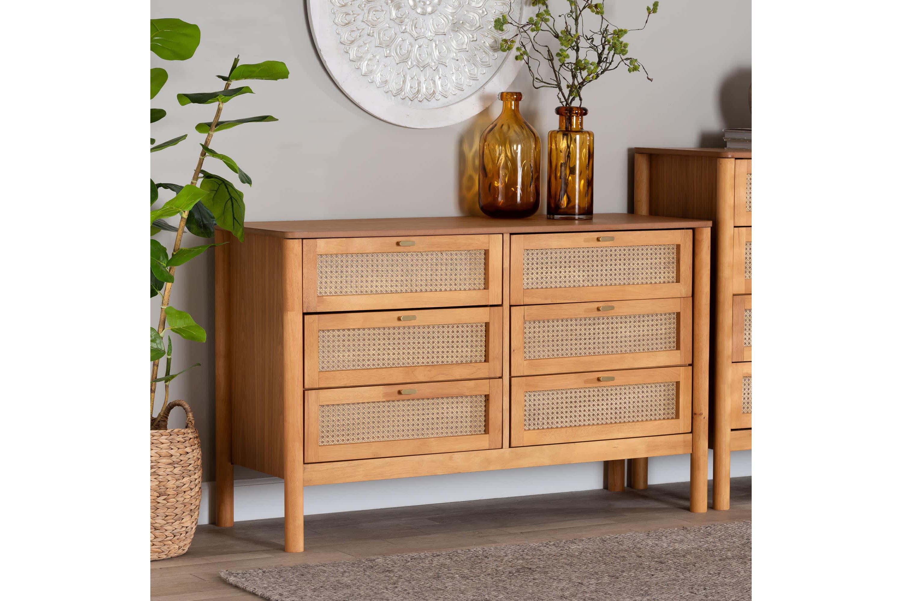 Jenn Golden Brown Wood 6-Drawer Dresser with Distressed-Rattan