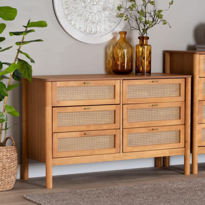 Jenn Golden Brown Wood 6-Drawer Dresser with Distressed-Rattan