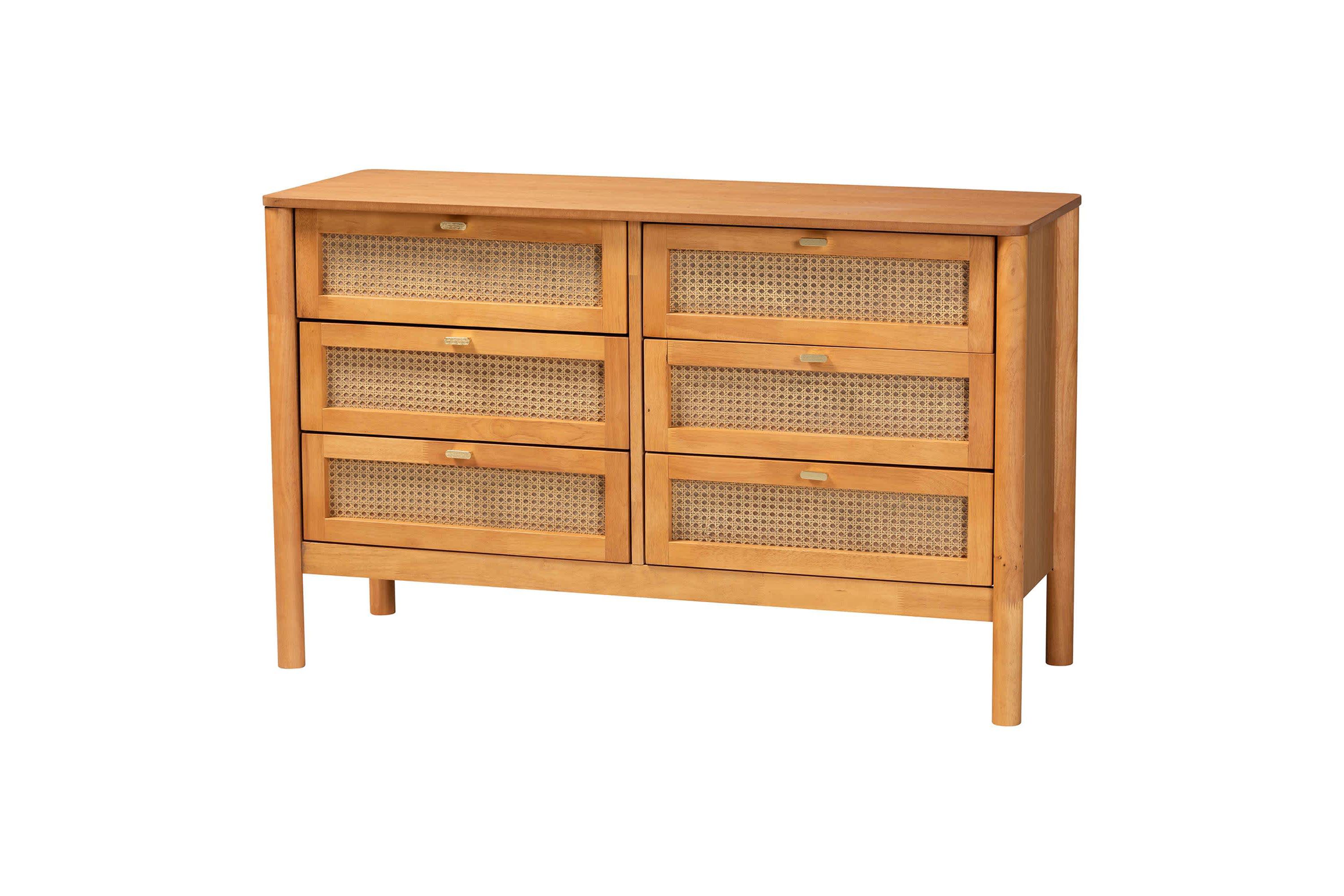 Jenn Golden Brown Wood 6-Drawer Dresser with Distressed-Rattan
