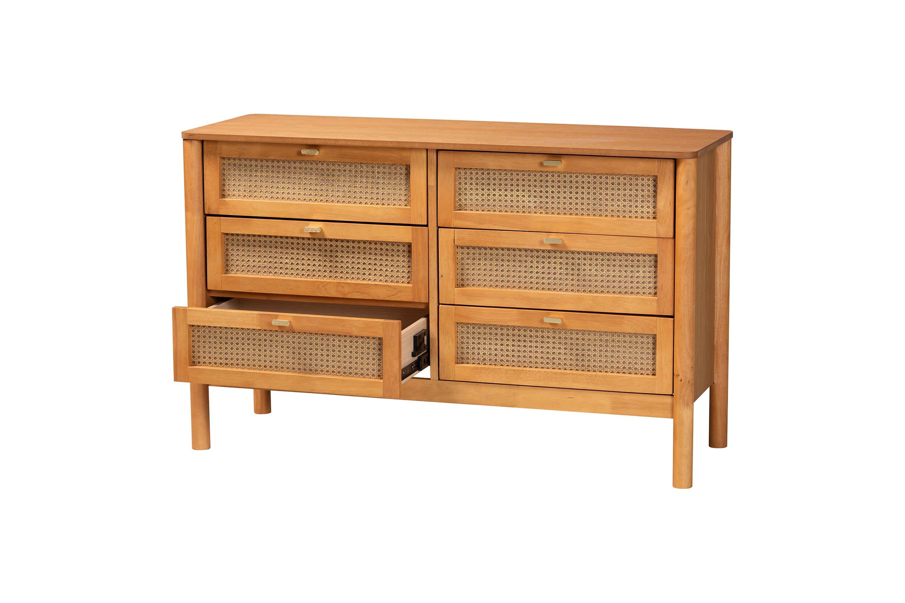 Jenn Golden Brown Wood 6-Drawer Dresser with Distressed-Rattan