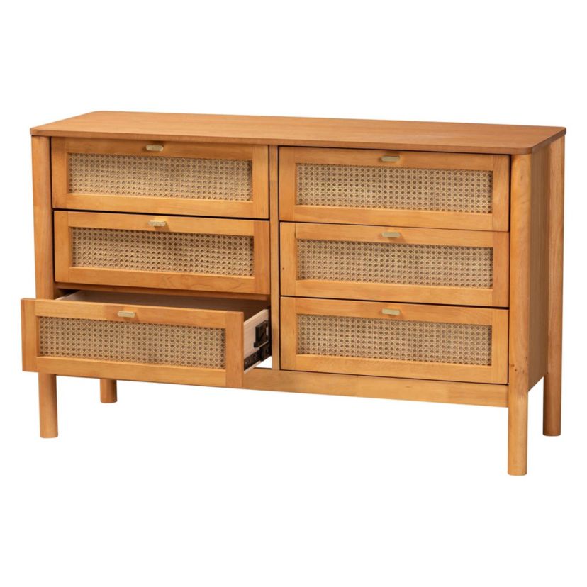 Jenn Golden Brown Wood 6-Drawer Dresser with Distressed-Rattan