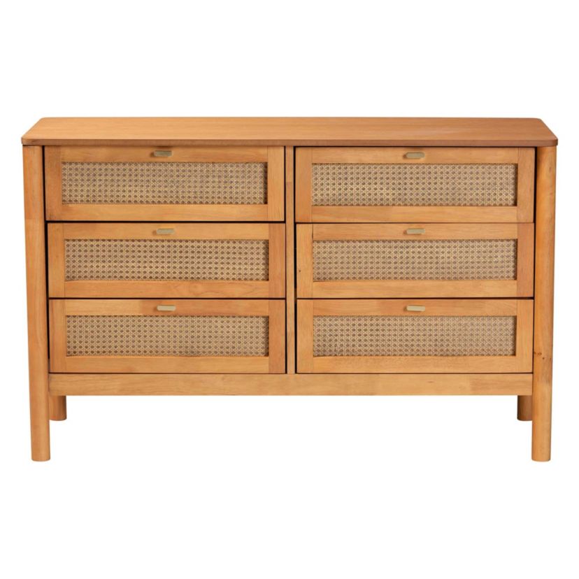 Jenn Golden Brown Wood 6-Drawer Dresser with Distressed-Rattan