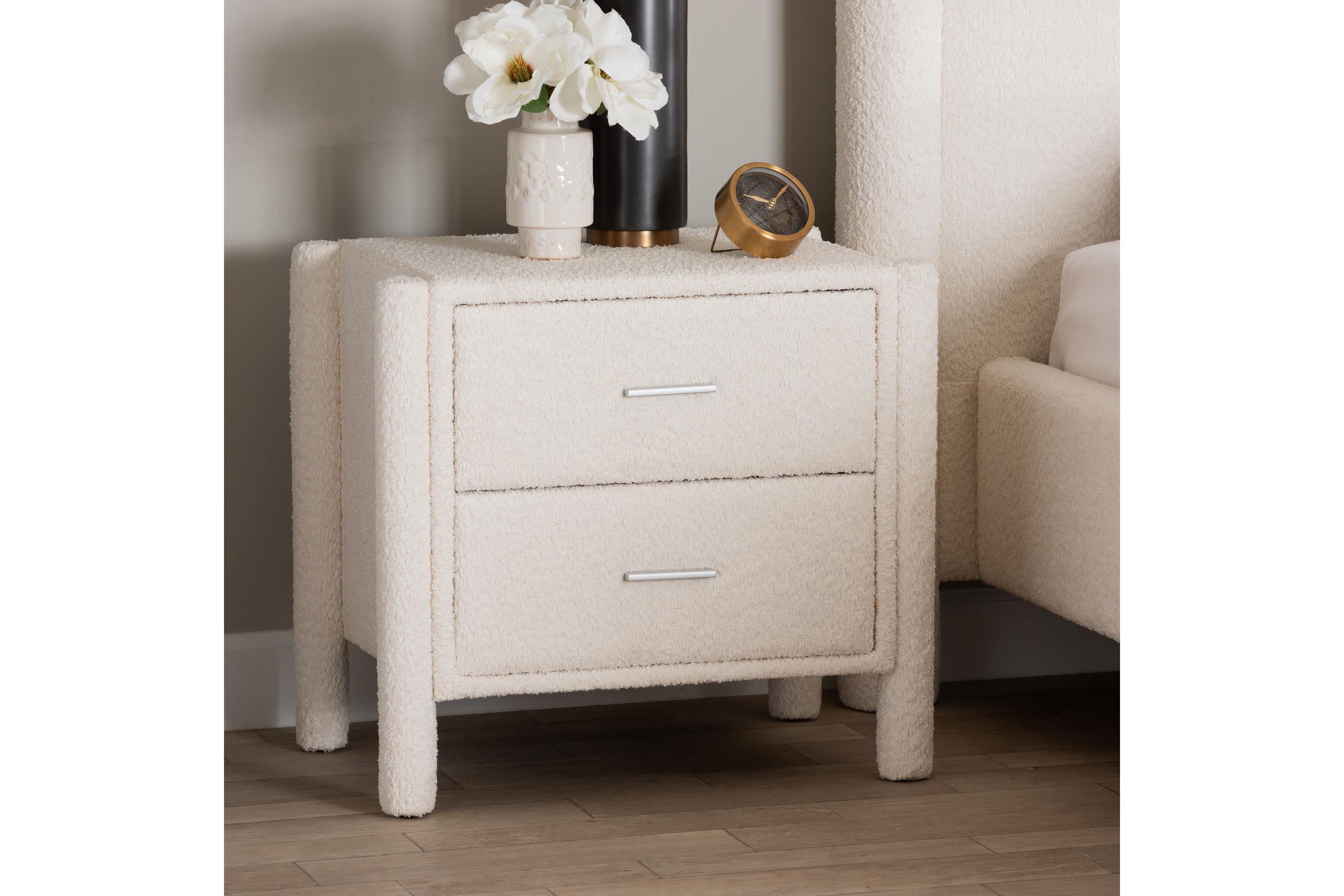 Laria White Teddy-Bear Fabric 2-Drawer Nightstand