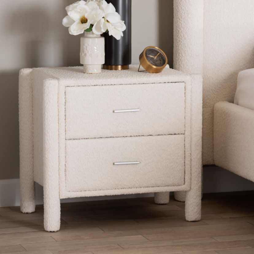 Laria White Teddy-Bear Fabric 2-Drawer Nightstand