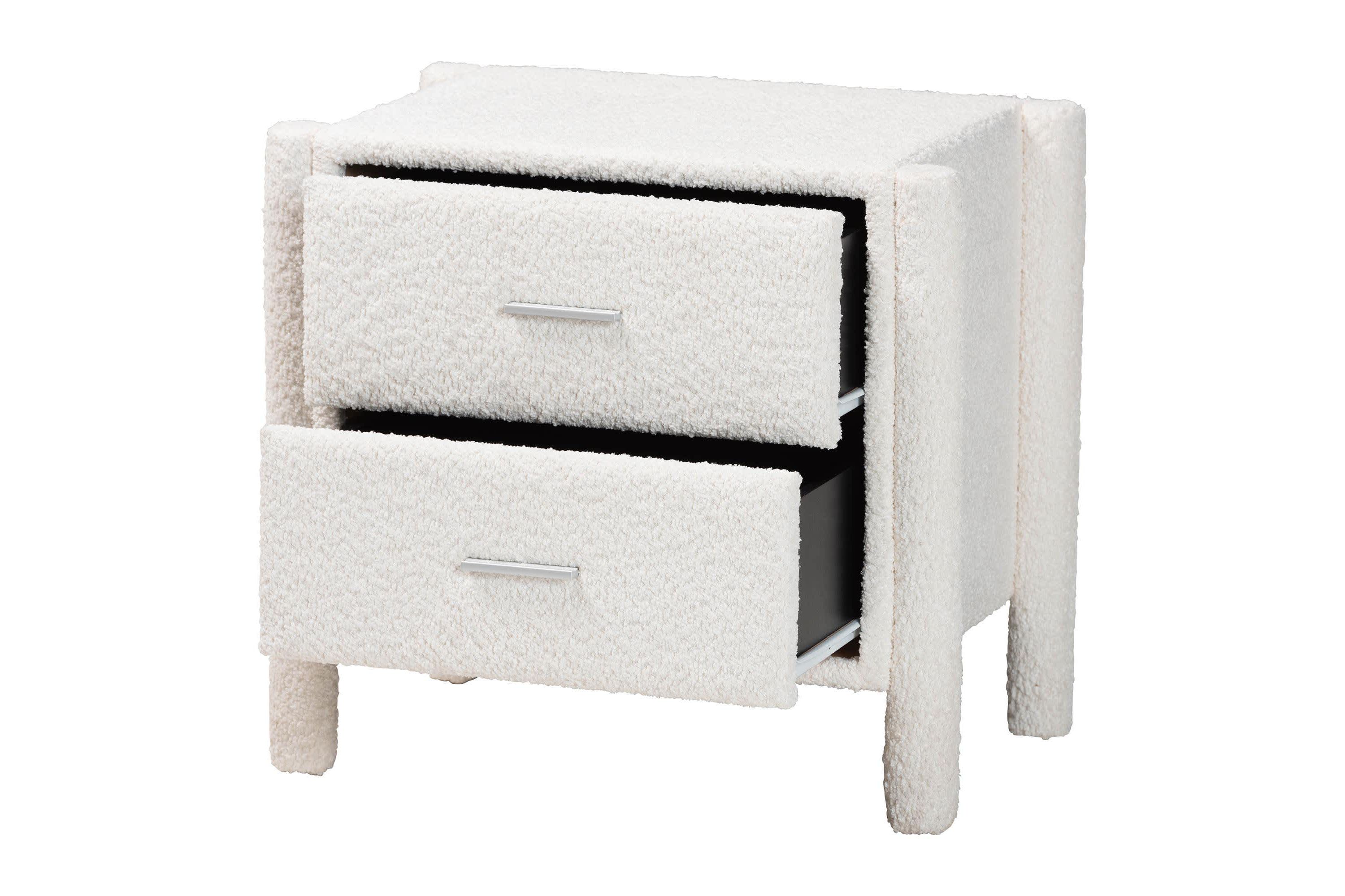 Laria White Teddy-Bear Fabric 2-Drawer Nightstand