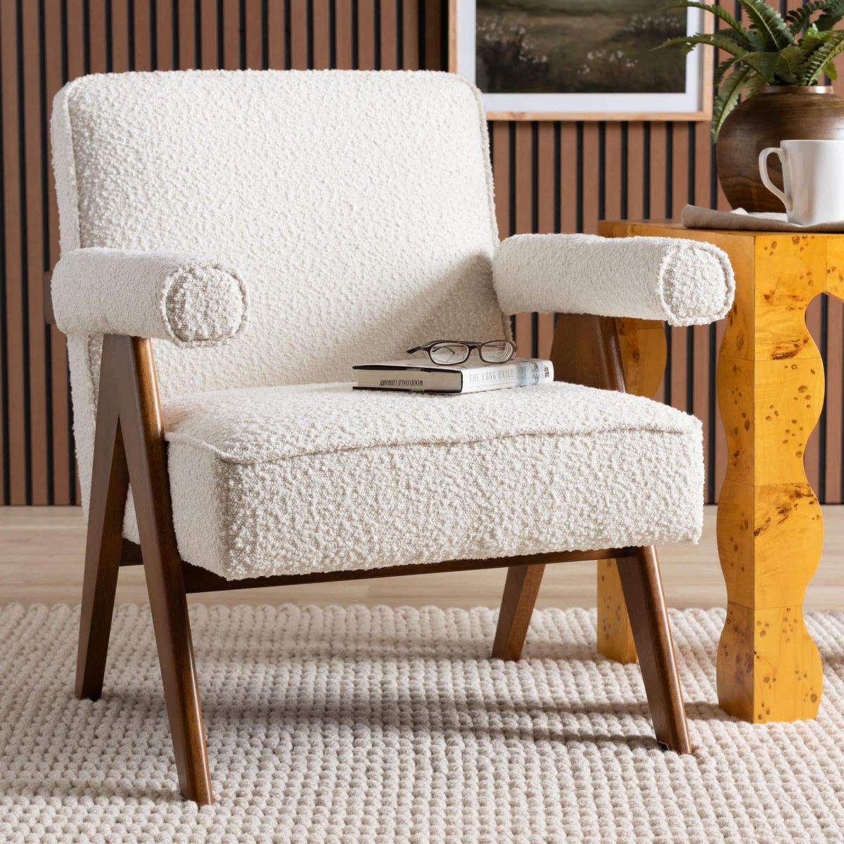 Georgina Cream Boucle and Walnut Brown Wood Accent Chair