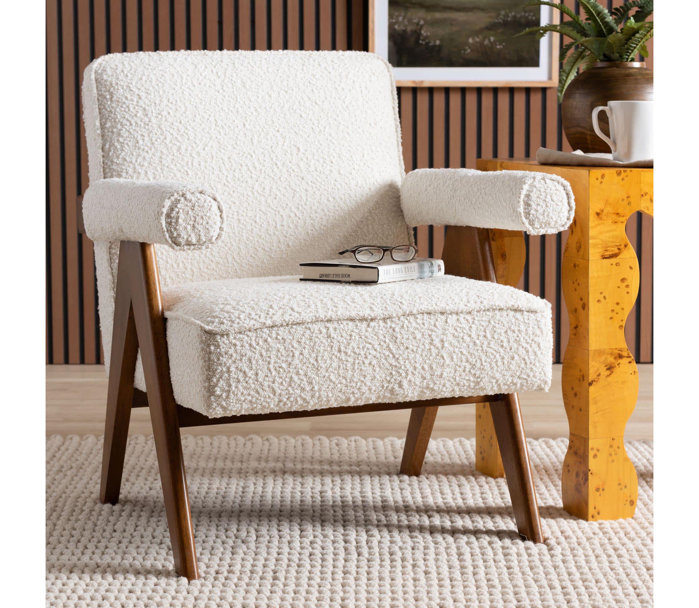 Georgina Cream Boucle and Walnut Brown Wood Accent Chair