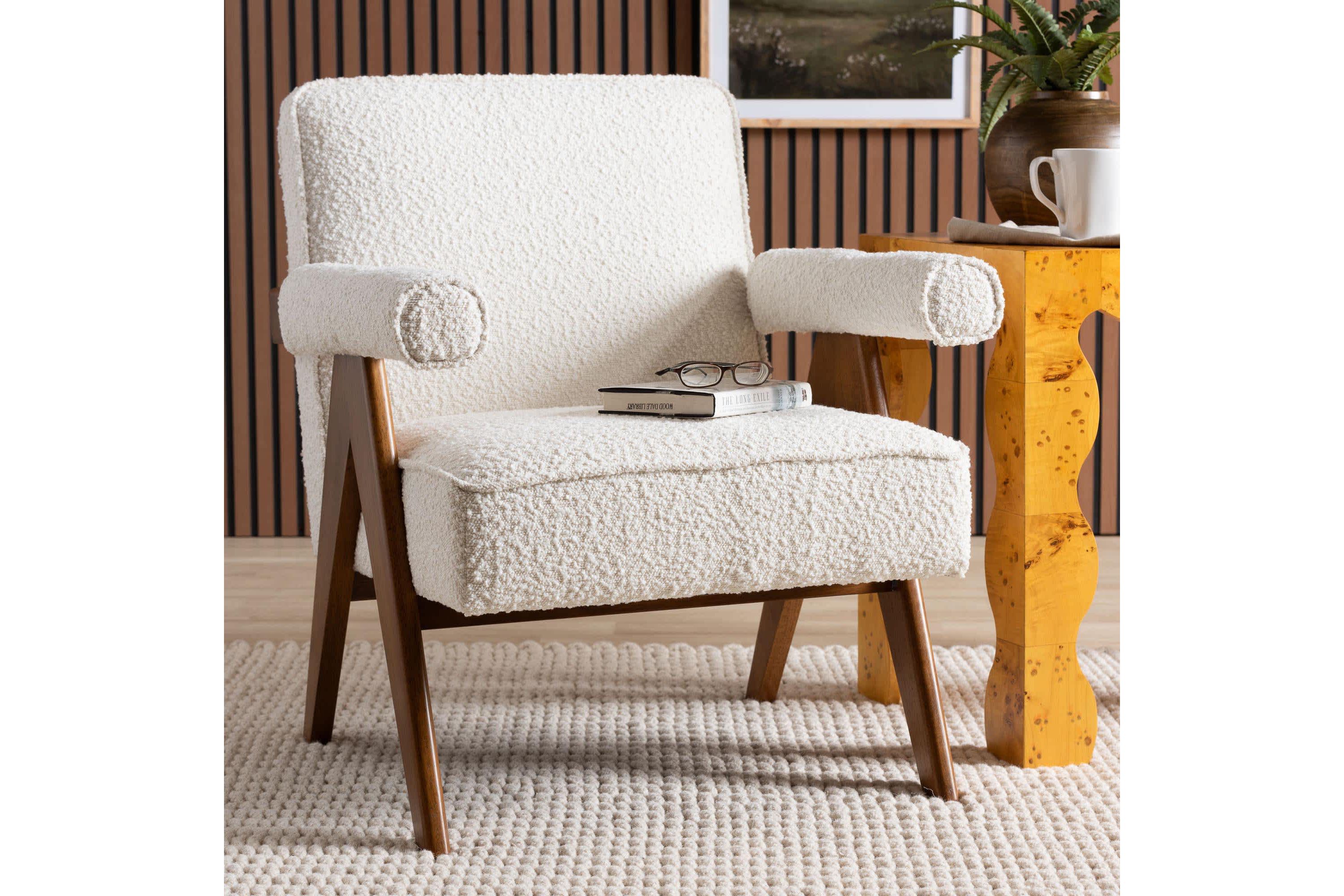 Georgina Cream Boucle and Walnut Brown Wood Accent Chair