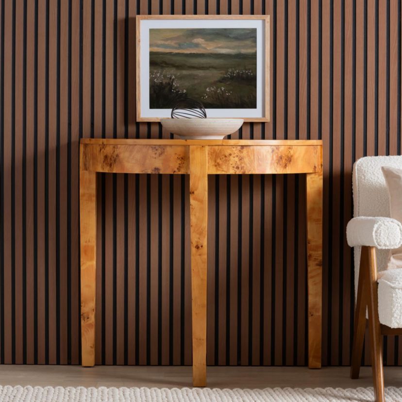 Jihan Natural Real Burl Wood Half-Moon Console Table