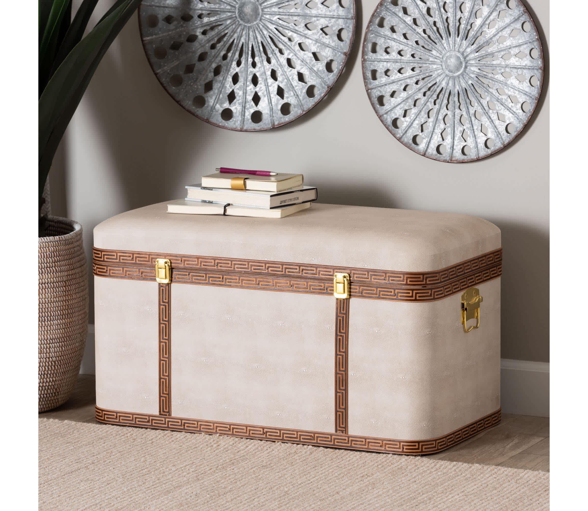 Brenner Transitional Beige Faux Shagreen Storage Trunk