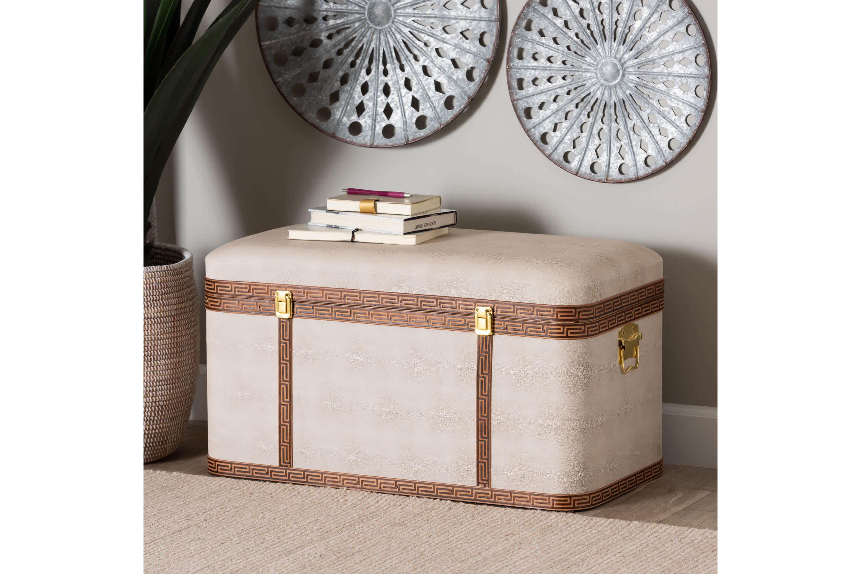 Brenner Transitional Beige Faux Shagreen Storage Trunk