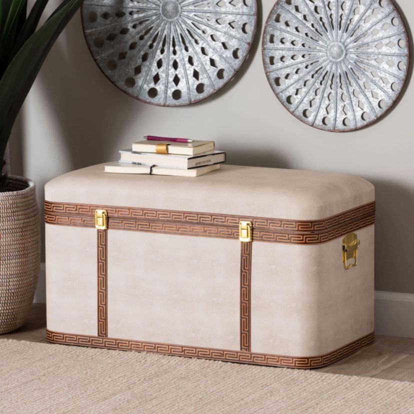 Brenner Transitional Beige Faux Shagreen Storage Trunk