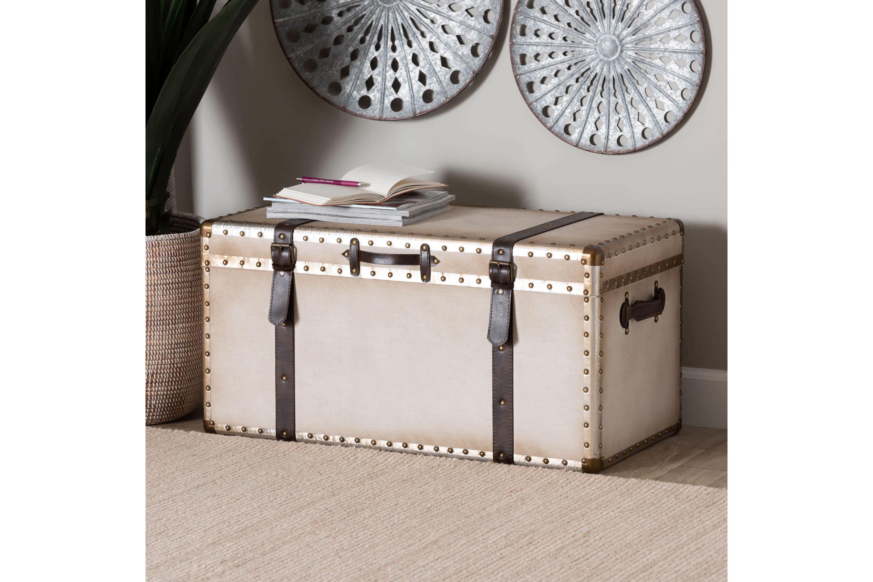 Nevio Weathered White Canvas Storage Trunk