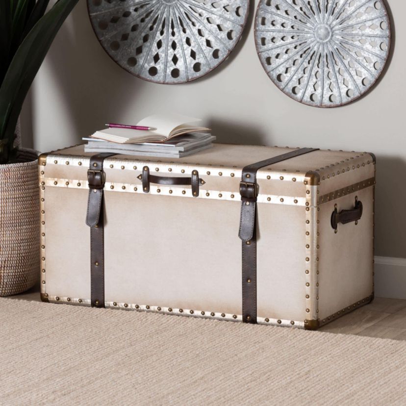 Nevio Weathered White Canvas Storage Trunk