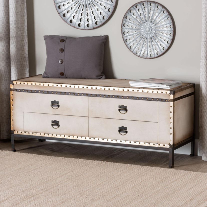 Heaton Weathered White Canvas 4-Drawer Storage Bench