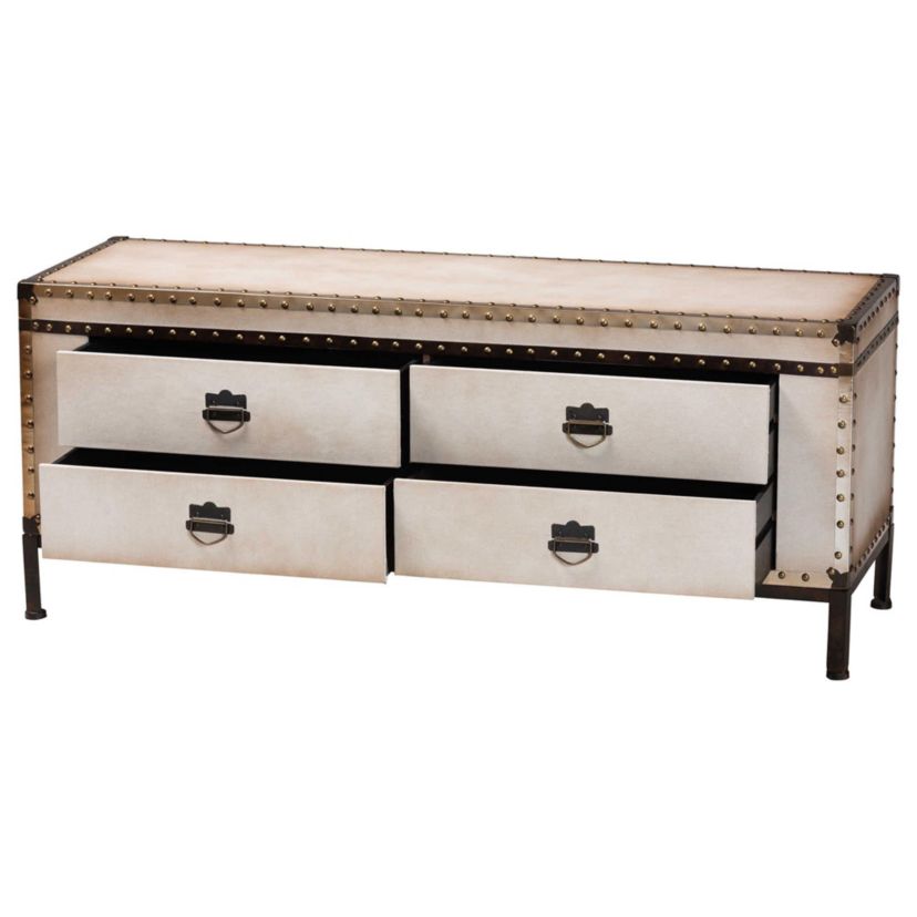 Heaton Weathered White Canvas 4-Drawer Storage Bench