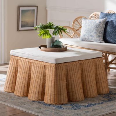 bali & pari Palm Scallop Natural Rattan Ottoman with Cushion, 39" Square