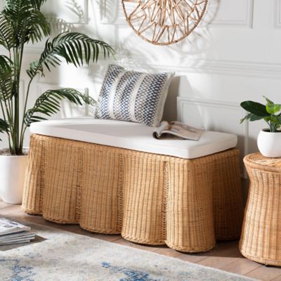 bali & pari Palm Scallop Natural Rattan Ottoman with Cushion, Rectangle