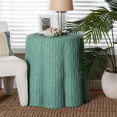 bali & pari Palm Scallop Natural Rattan Console Table in Teal Green
