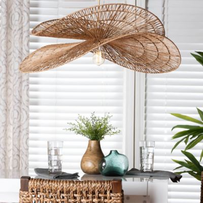 bali & pari Theanna Woven Jute Pendant Lampshade - Handwoven Floral Light Accessory, Natural Wicker Ceiling Shade, Brown