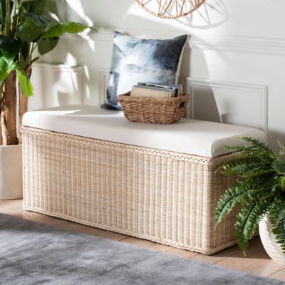 bali & pari Barid Braided Natural Rattan Storage Bench with Cushioned Lift-Top Lid, Natural, 45" Rectangle