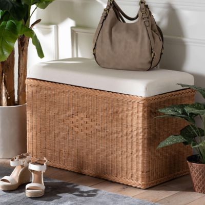 bali & pari Eamon Braided Natural Rattan Storage Bench with Cushioned Lift-Top Lid, 31" Rectangle, Brown