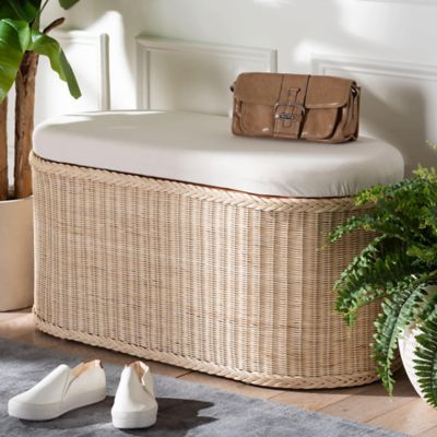 bali & pari Barid Braided Natural Rattan Storage Bench with Cushioned Lift-Top Lid, Natural, 39" Oval