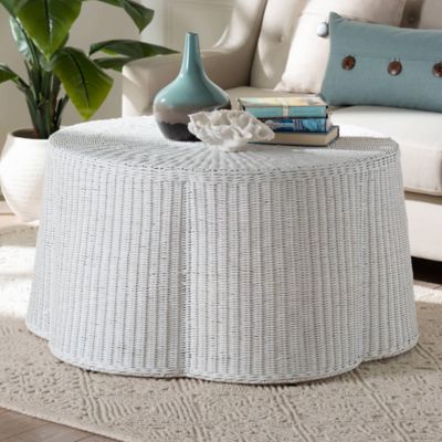 bali & pari Palm Scalloped Rattan Coffee Table, White
