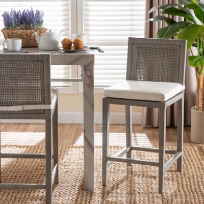 bali & pari Sofia Rattan Counter Stool with Mahogany Wood Frame in French Grey