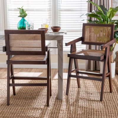 bali & pari Kresna Rattan Counter Stool with Mahogany Wood Frame (2/Set), Brown
