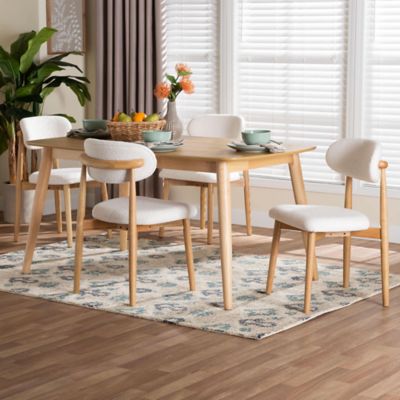 Baxton Studio Emily 5-Piece Dining Set - Solid Wood Rectangular Table with Boucle Upholstered Chairs, Natural and White, Brown
