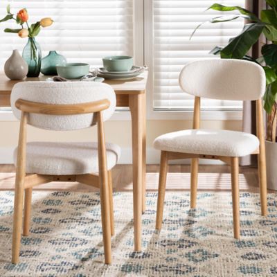 Baxton Studio Wattsu Boucle Upholstered Dining Chair with Solid Wood Frame, Natural and White (2/Set), Brown