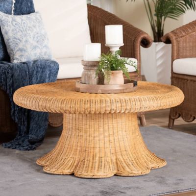 bali & pari Avalon Natural Rattan Round Coffee Table with Scalloped Pedestal Base