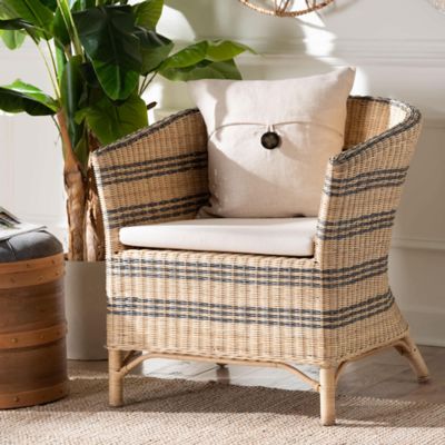 bali & pari Elda Natural Rattan Accent Chair - Wicker Barrel-Back Chair with Two-Tone Woven Stripes and Cushion
