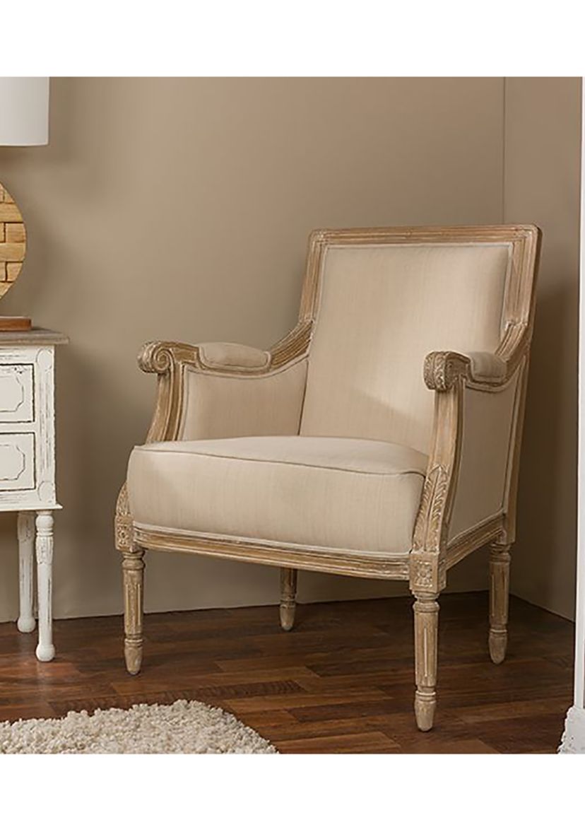 Chavanon Wood &  Light Beige Linen Traditional French Accent Chair