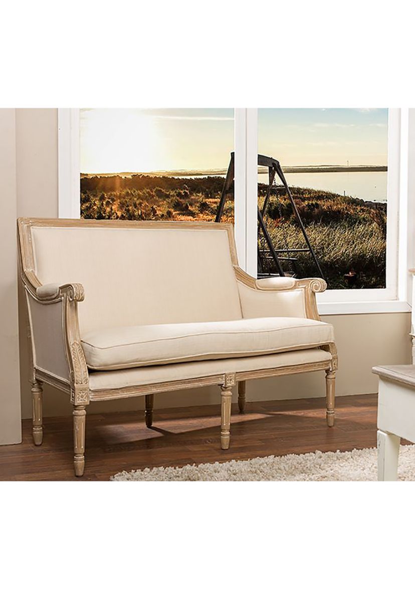 Chavanon Wood &  Light Beige Linen Traditional French Loveseat