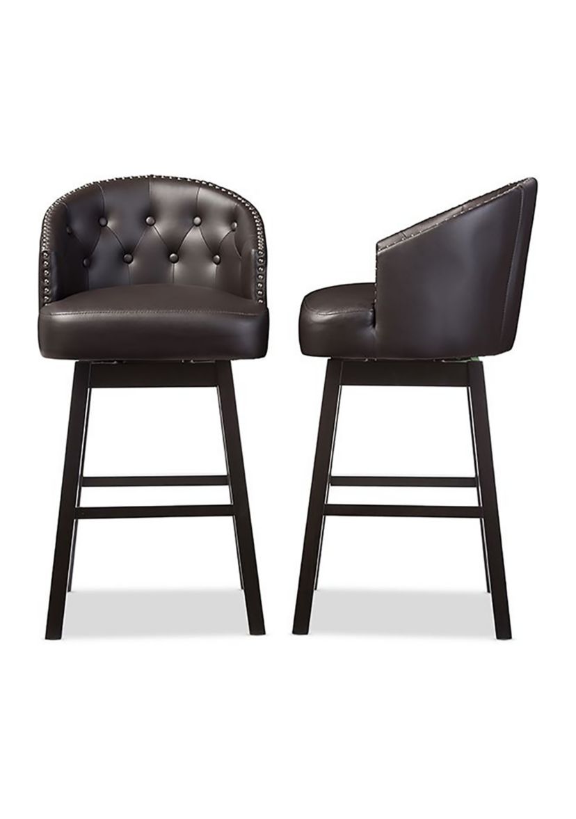 Avril Modern and Contemporary Brown Faux Leather Tufted Swivel Barstool with Nail heads Trim