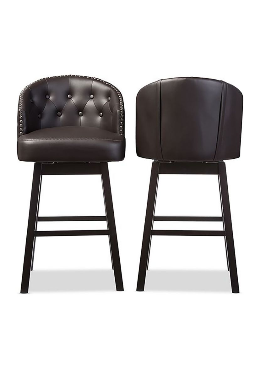 Avril Modern and Contemporary Brown Faux Leather Tufted Swivel Barstool with Nail heads Trim