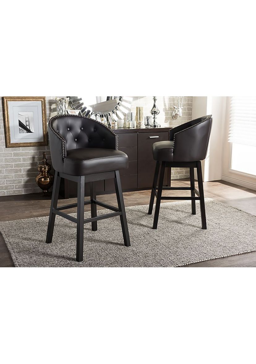 Avril Modern and Contemporary Brown Faux Leather Tufted Swivel Barstool with Nail heads Trim