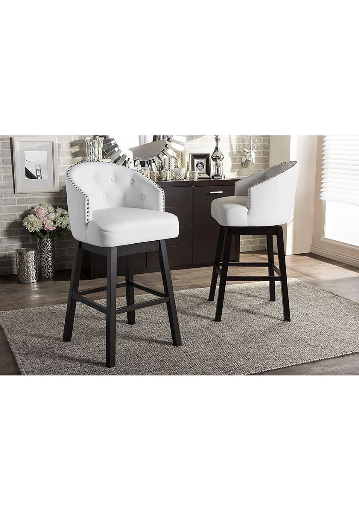 Avril Modern and Contemporary White Faux Leather Tufted Swivel Barstool with Nail heads Trim
